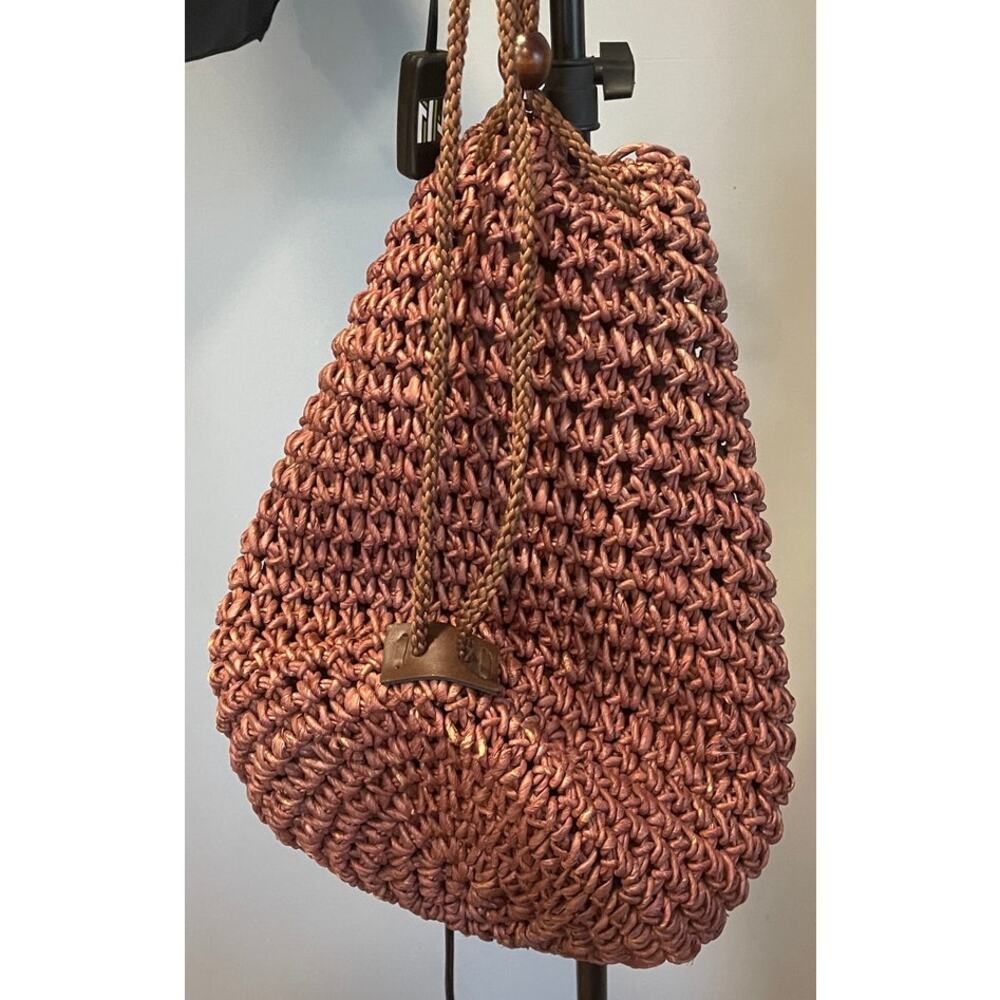 Y2K Vintage Natural Straw Woven Shoulder Bag, Drawstring Sack - Picture 4 of 5